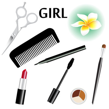 Girl accessories set. Concept of personal accessories. Make up, flower. Vector illustration.
