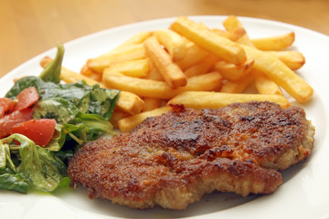 Schnitzel mit Pommes frites und Feldsalat