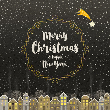 Christmas greeting card - Calligraphy type design with glitter gold frame and snowbound winter town
