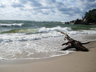 Krajobraz morski - plaża i wzburzone morze Bałtyckie - obrazy, fototapety, plakaty