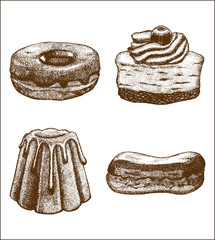 vector hand drawn set of doughnut pastry cake eclair