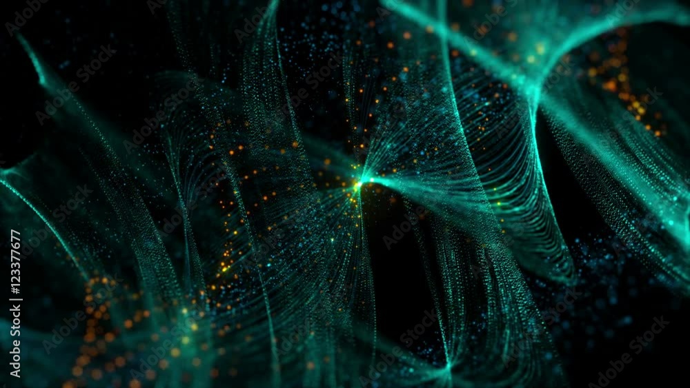 Poster 3d rendering background with twisted particle strings. dark digital abstract background. beautiful g