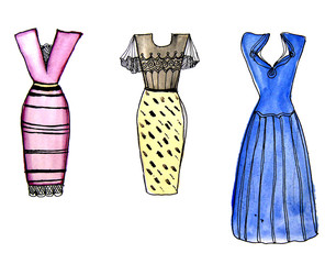 Colorful party cocktail dresses drawn by watercolor      