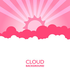 Clouds in the sky with sun rays. Flat vector illustration in cartoon style. Pink colorful background.