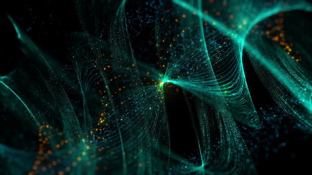 3d rendering background with twisted particle strings. Dark digital abstract background. Beautiful glowing concept form.
