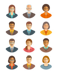 Business people vector avatars set. Business team icons. Men and women in suits, young and senior, caucasian and african american characters. Company staff profile pictures. Simple flat happy faces