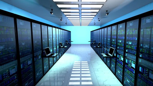 Creative business, internet technology connection, cloud computing and networking connectivity concept: terminal monitor in server room with server racks in datacenter interior. 3d animation