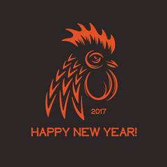 Happy new year greeting card with red rooster head and text. 2017. Vector vintage illustration.