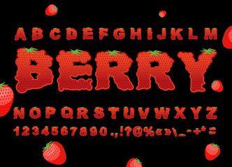 Berry font. Strawberry ABC. Red fresh fruit alphabet. Letters fr