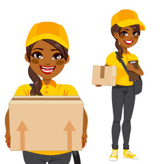 Young woman courier delivering cardboard box parcel in yellow and black uniform