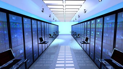 Creative business web telecommunication, internet technology connection, cloud computing and networking connectivity concept: terminal monitor in server room with server racks in datacenter interior - obrazy, fototapety, plakaty