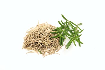 Fresh and dried rosemary on white background
