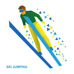 Winter sports - ski jumping. Cartoon skier in green and yellow during a jump. Flat style vector clip art isolated on white background