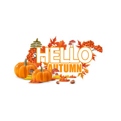 Leaves and autumn things composition. Design of autumn season.Autumn welcome background with hello autumn lettering.