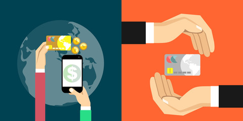 Online and mobile payments concept.plastic card in hand, web icon. vector design