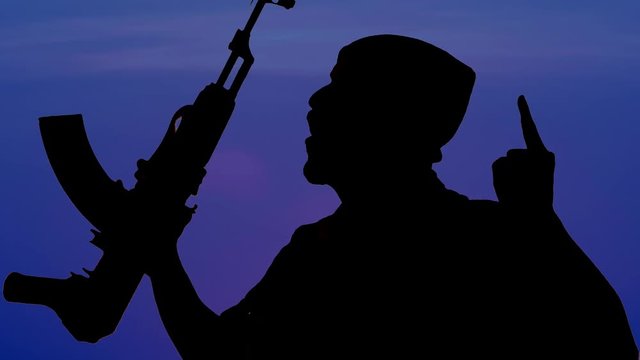 Silhouette of man with gun celebrating victory at dusk
