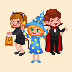 Happy Halloween. Set of cute cartoon children in colorful halloween costumes: Dracula, sorceress,  cat