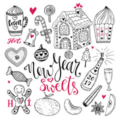 New Year sweets set. Christmas hand drawn collection with cocoa, gingerbread house and champagne