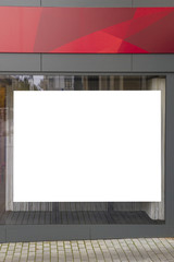 Blank poster in the window on the first floor of modern building, mock up