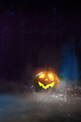 Leuchtender Halloween-Kürbis im nebeligen Wald 