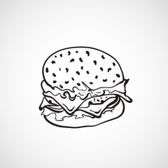 Hand drawn Cheeseburger or Hamburger. Sketch Vector illustration.