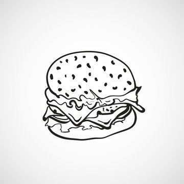 Hand drawn Cheeseburger or Hamburger. Sketch Vector illustration.
