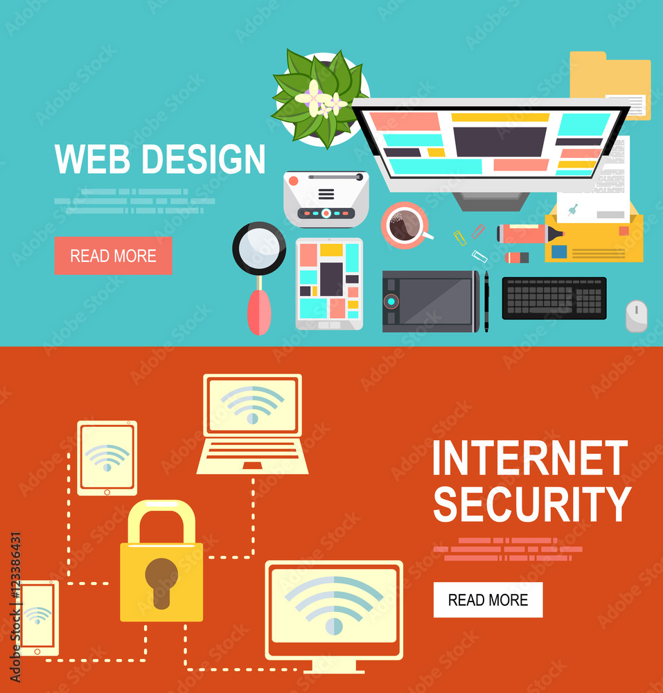 Aufkleber flat designed banners for graphic design and web design. security and cloud technology concept.