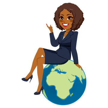 Young beautiful black brunette businesswoman sitting on globe showing  Africa continent Stock Vector | Adobe Stock