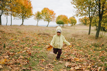 Little girl in the autumn park. run  pathway