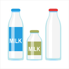 Glass or plastic bottle with milk or yogurt illustration. Flat design. Packaging for liquid product concept.