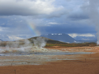 Geothermal hot springs natural area with steaming sulfur pools and vibrant color