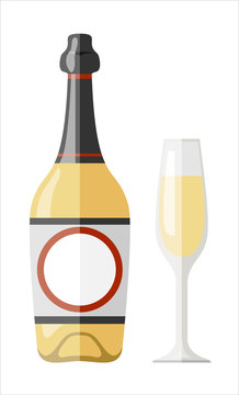 Vector illustration. Glass of champagne and bottle. Vector illustration
