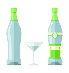 Bottle and glass of vermouth in flat design style.