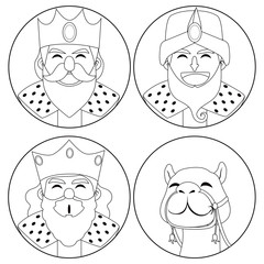 Monochrome coloring line art illustration of three kings and camel