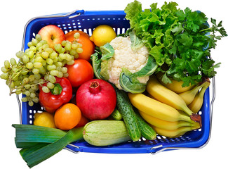 Top view on Basket of fruits and vegetables