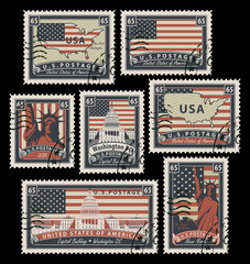 Obraz premium set of Postage stamps with the image of the United States of America architectural landmarks in retro style