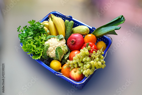 Blue Basket Of Fruits And Vegetables On Blur Background Stock Photo Blue Basket Of Fruits And Vegetables On Blur Background