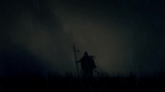 A Warrior Standing Alone in a Field Under Storm