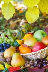 Naklejka na ściany i meble Wicker basket full of autumn fruit on the colorful leaves, vertical