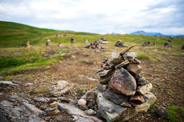 Cairns on the top of Storsteinen in Tromso, Norway.