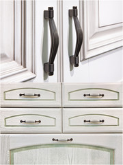 set. silver handles on white cabinet doors