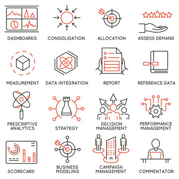 Vector set of 16 icons related to business management, strategy, career progress and business process. Mono line pictograms and infographics design elements - part 47