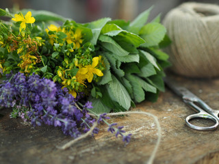 Aromatic herbs on a stump with scissors and a skein of thread