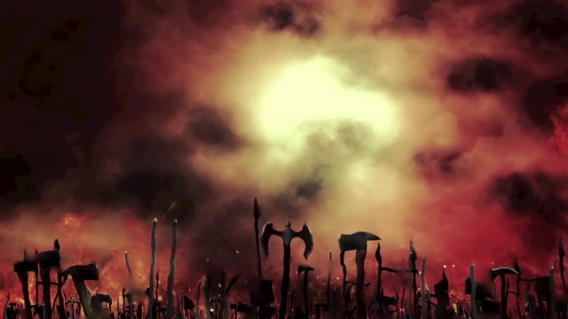 Medieval Army Waving their Weapons in a Fiery Battlefield