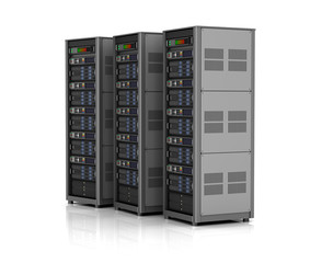 Row of network servers in data center isolated on white background . 3D illustration