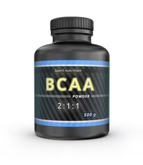 BCAA Container. Branched-Chain Amino Acids set. Sport Nutrition with BCAA. 3D illustration