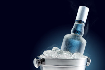Flasche kalter Wodka im Eiskübel auf dunklem Hintergrund