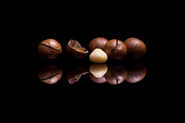 Four macadamia nuts on black reflective background