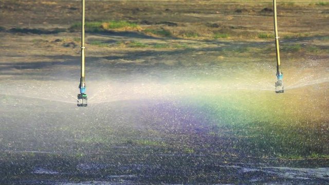 Rainbow reflected in a spray of water irrigation fields irrigation system, slow motion