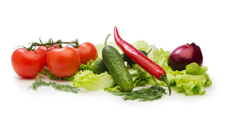 Fototapeta na wymiar Tomato, cucumber and cayenne pepper